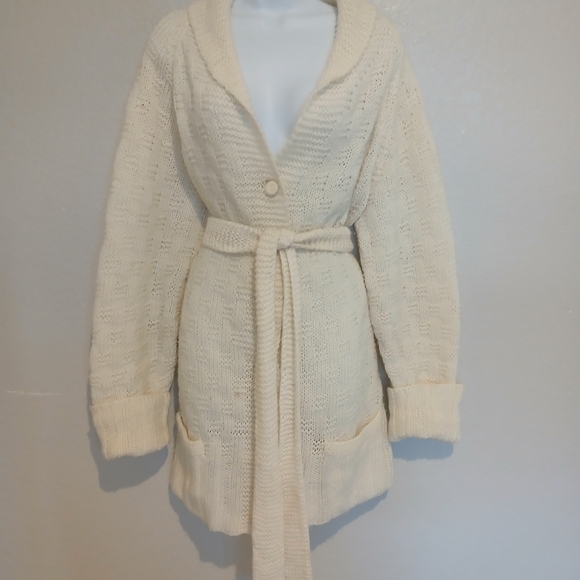 Cozy Ivory Cream Belted Crochet Knit Long Cardigan Dustet Sweater Size XL - Picture 4 of 7